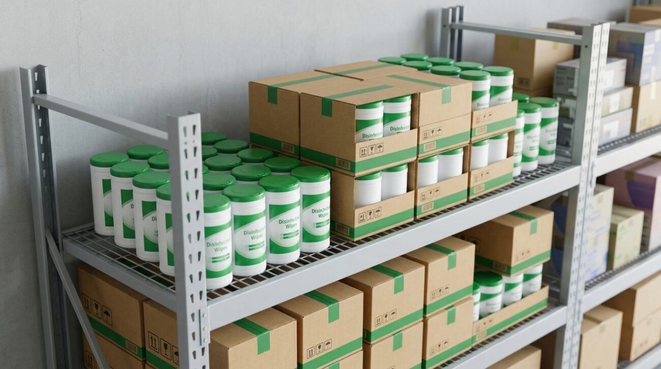 Bulk disinfectant wipes Canada GermeX bulk case and canister on a clean commercial supply shelf