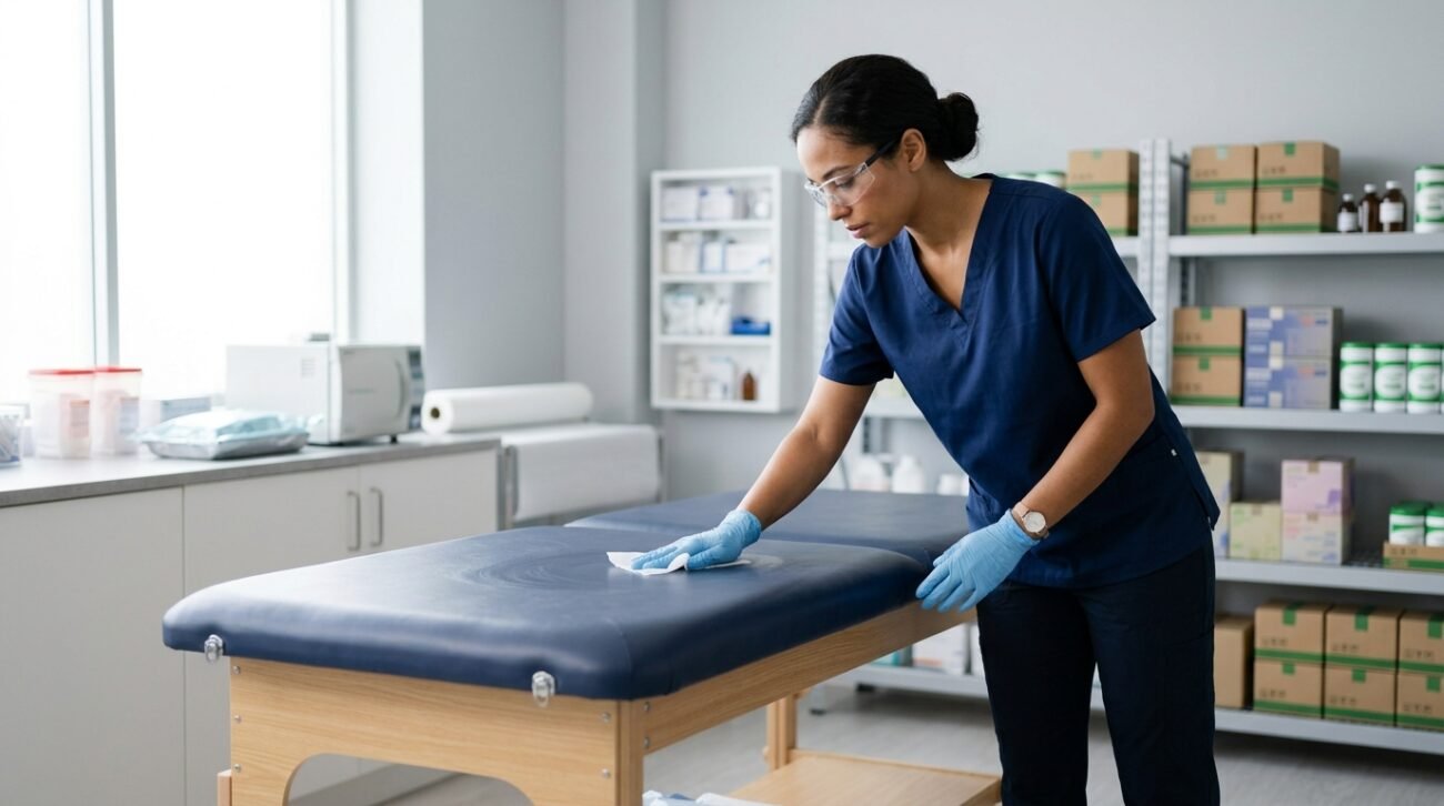 Bulk disinfectant wipes for Canadian clinics and businesses healthcare worker wiping clinic surface