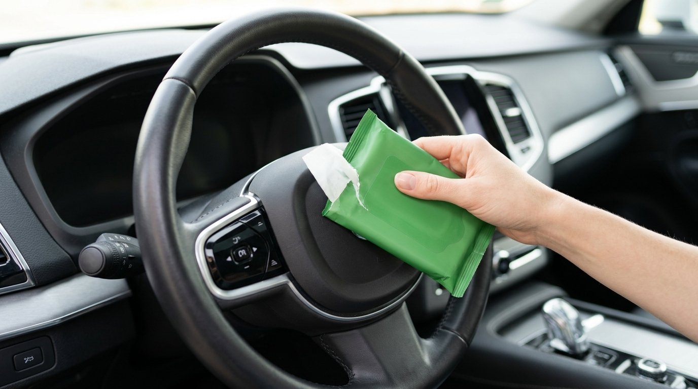 Car disinfectant wipes Canada GermeX alcohol-free wipes on a clean car steering wheel and dashboard